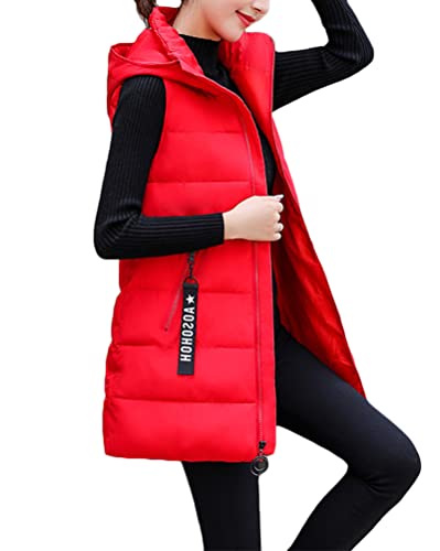 shownicer Daunenweste Damen Lang Wintermantel Vest mit Kapuze Ärmellose Warmer Daunenmantel mit Taschen Steppweste Daunenjacke Steppjacke Outdoor Weste C Rot L von shownicer