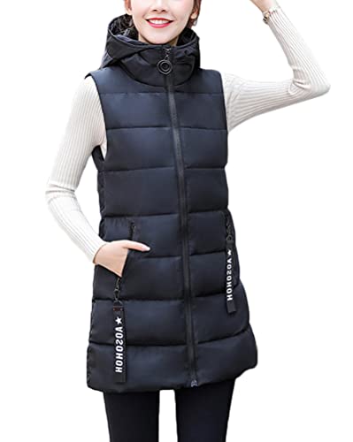 shownicer Daunenweste Damen Lang Wintermantel Vest mit Kapuze Ärmellose Warmer Daunenmantel mit Taschen Steppweste Daunenjacke Steppjacke Outdoor Weste C Schwarz S von shownicer