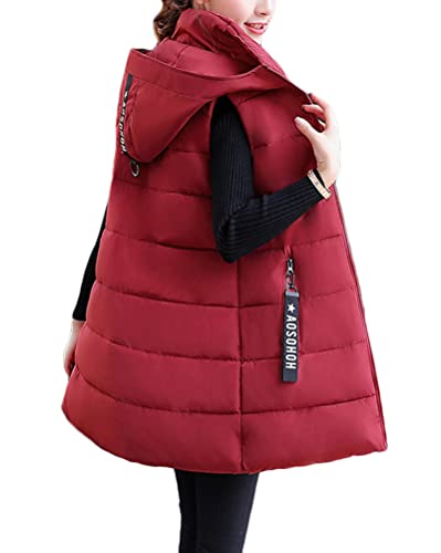 shownicer Daunenweste Damen Lang Wintermantel Vest mit Kapuze Ärmellose Warmer Daunenmantel mit Taschen Steppweste Daunenjacke Steppjacke Outdoor Weste C Weinrot XXL von shownicer