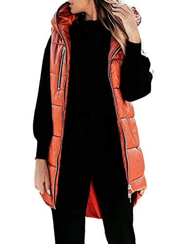 shownicer Daunenweste Damen Lang Wintermantel Vest mit Kapuze Ärmellose Warmer Daunenmantel mit Taschen Steppweste Daunenjacke Steppjacke Outdoor Weste G Orange M von shownicer