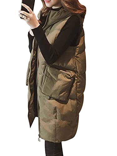 shownicer Daunenweste Damen Lang Wintermantel Vest mit Kapuze Weste Mantel Ärmellose Warmer Daunenmantel mit Taschen Steppweste Damen Daunenjacke Steppjacke Outdoor Grün XL von shownicer