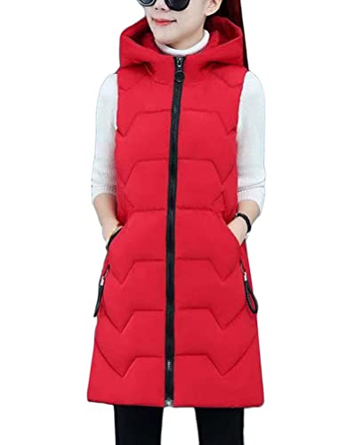 shownicer Daunenweste Damen Lang Wintermantel mit Kapuze Ärmellose Warmer Daunenmantel mit Taschen Steppweste Daunenjacke Steppjacke Outdoor Weste A Rot 3XL von shownicer