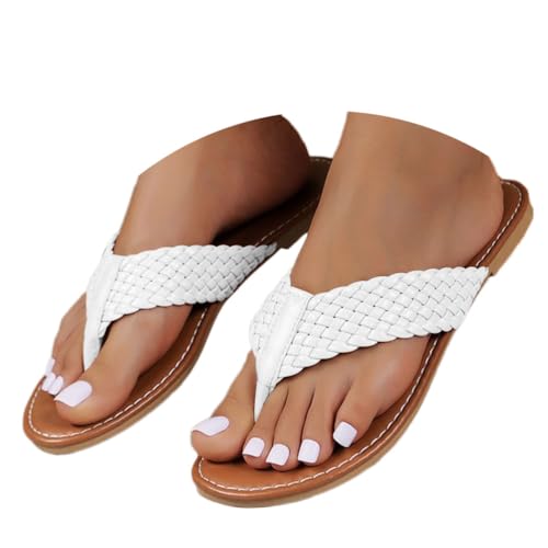 shownicer Flach Flip Flops Damen Zehentrenner Sandalen Sommer PU Leder Sandalen Bequem Hausschuhe Outdoor Freizeitschuhe A Weiß 37 von shownicer