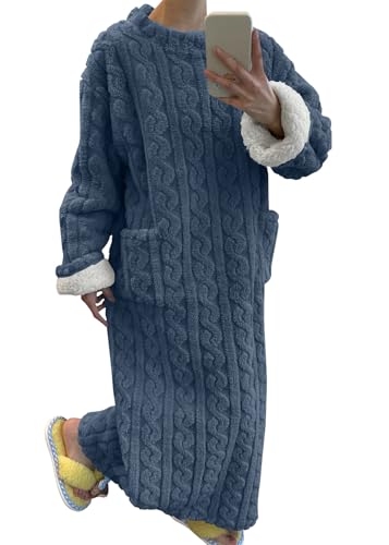 shownicer Flanell Nachthemd Damen Langarm Fleece Nachthemdn Lang Rundhals Schlafkleid Winter Warme Flanellnachthemden Einfarbig Große Größen Nachtkleid Pyjama Kleid Loungewear B Blau M von shownicer