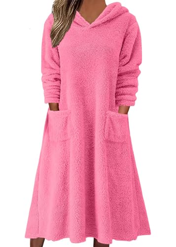 shownicer Fleece Kleid mit Kapuze Damen Lässige Lose Langarm Kapuzenpullover Kleid Warme Plüsch Kleid mit Taschen Herbst Winter A Rose Rouge 3XL von shownicer