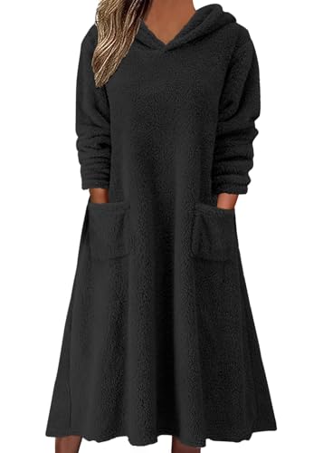 shownicer Fleece Kleid mit Kapuze Damen Lässige Lose Langarm Kapuzenpullover Kleid Warme Plüsch Kleid mit Taschen Herbst Winter A Schwarz XL von shownicer