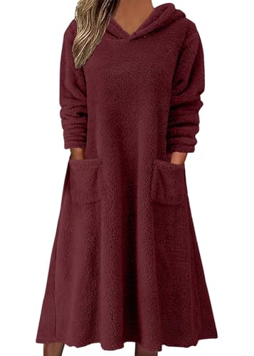 shownicer Fleece Kleid mit Kapuze Damen Lässige Lose Langarm Kapuzenpullover Kleid Warme Plüsch Kleid mit Taschen Herbst Winter A Weinrot L von shownicer