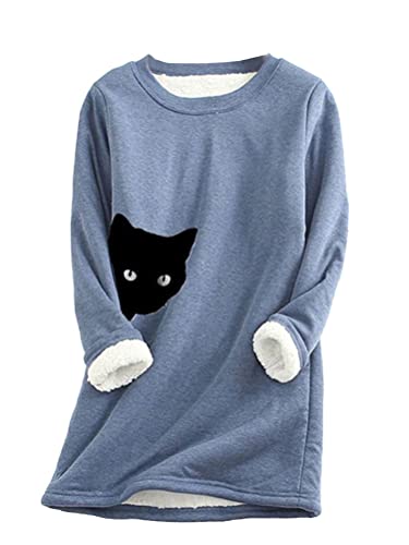 shownicer Fleece Pullover Damen Winter Warme Nachahmung Lammhaar Futter Sweatshirt Süße Katze Tier Drucken Fleecepullover Oversize Teddy Fleece Oberteil Langarm Tops A Blau 3XL von shownicer