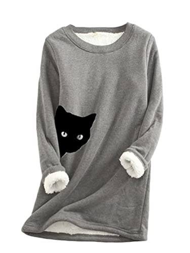 shownicer Fleece Pullover Damen Winter Warme Nachahmung Lammhaar Futter Sweatshirt Süße Katze Tier Drucken Fleecepullover Oversize Teddy Fleece Oberteil Langarm Tops A Dunkelgrau XL von shownicer