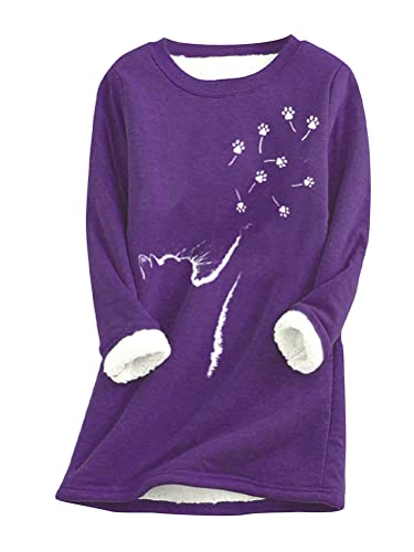 shownicer Fleece Pullover Damen Winter Warme Nachahmung Lammhaar Futter Sweatshirt Süße Katze Tier Drucken Fleecepullover Oversize Teddy Fleece Oberteil Langarm Tops B Violett 3XL von shownicer