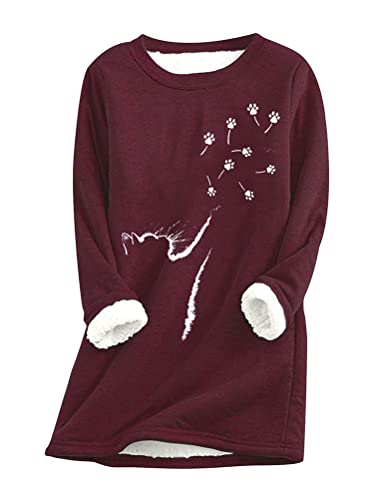shownicer Fleece Pullover Damen Winter Warme Nachahmung Lammhaar Futter Sweatshirt Süße Katze Tier Drucken Fleecepullover Oversize Teddy Fleece Oberteil Langarm Tops B Weinrot L von shownicer