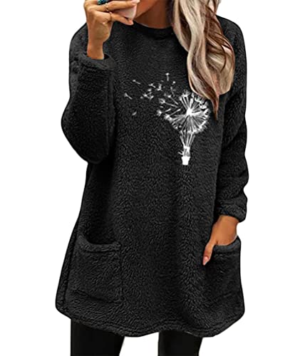 shownicer Fleece Pullover Sweatshirt Damen Winter Warme Langarmshirt Rundhals Sweatshirt Unterhemd Bequem Weich Gefüttert Pullover Langarm Shirts A Schwarz XL von shownicer