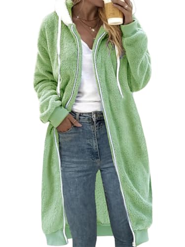 shownicer Fleecejacke Damen Winterjacke Lang Fleecemantel Warm Teddyfleece Jacke Mantel mit Kapuze Lange Plüschjacke Teddymantel Kuscheljacke Oversize A Grün M von shownicer