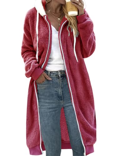 shownicer Fleecejacke Damen Winterjacke Lang Fleecemantel Warm Teddyfleece Jacke Mantel mit Kapuze Lange Plüschjacke Teddymantel Kuscheljacke Oversize A Rot L von shownicer