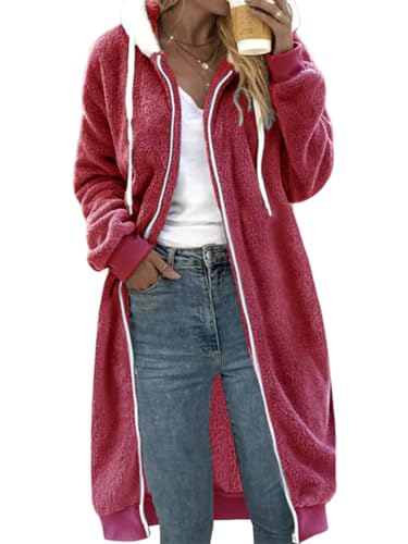 shownicer Fleecejacke Damen Winterjacke Lang Fleecemantel Warm Teddyfleece Jacke Mantel mit Kapuze Lange Plüschjacke Teddymantel Kuscheljacke Oversize A Rot S von shownicer