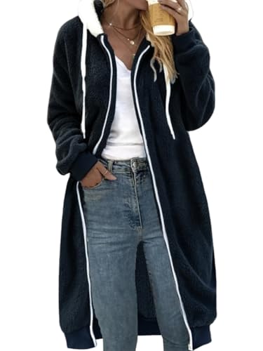 shownicer Fleecejacke Damen Winterjacke Lang Fleecemantel Warm Teddyfleece Jacke Mantel mit Kapuze Lange Plüschjacke Teddymantel Kuscheljacke Oversize A Schwarz 3XL von shownicer