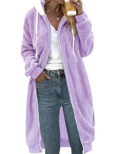 shownicer Fleecejacke Damen Winterjacke Lang Fleecemantel Warm Teddyfleece Jacke Mantel mit Kapuze Lange Plüschjacke Teddymantel Kuscheljacke Oversize A Violett M von shownicer