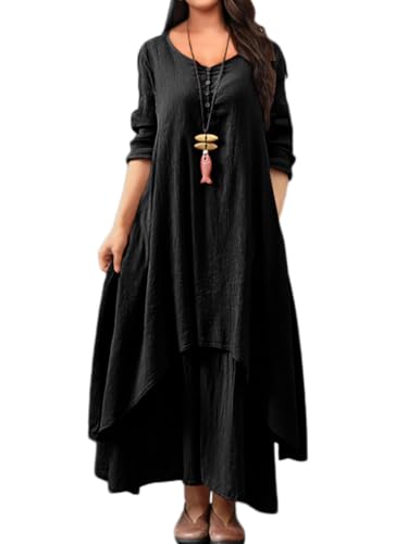 shownicer Freizeitkleid Damen 3/4 Ärmel Kleider Baumwolle Leinen Bequem Lose Kleid Sommer Rundhals Lange Kleid Strandkleid Maxikleid B Schwarz M von shownicer