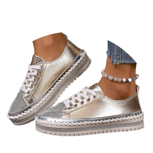 shownicer Glitzer Schuhe Damen Diamant Sneakers Bequem Flache Low Glitzer Sneaker Freizeitschuhe Atmungsaktiv Strass Schnürsenkel Walkingschuhe A Gold 36 von shownicer