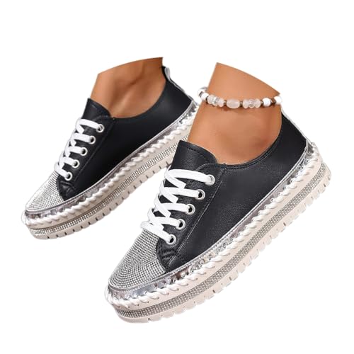 shownicer Glitzer Schuhe Damen Diamant Sneakers Bequem Flache Low Glitzer Sneaker Freizeitschuhe Atmungsaktiv Strass Schnürsenkel Walkingschuhe A Schwarz01 38 von shownicer