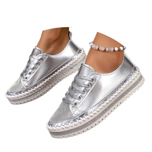 shownicer Glitzer Schuhe Damen Diamant Sneakers Bequem Flache Low Glitzer Sneaker Freizeitschuhe Atmungsaktiv Strass Schnürsenkel Walkingschuhe A Silber 36 von shownicer
