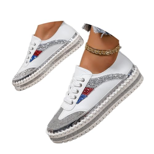 shownicer Glitzer Schuhe Damen Diamant Sneakers Bequem Flache Low Glitzer Sneaker Freizeitschuhe Atmungsaktiv Strass Schnürsenkel Walkingschuhe A Weiß02 38 von shownicer