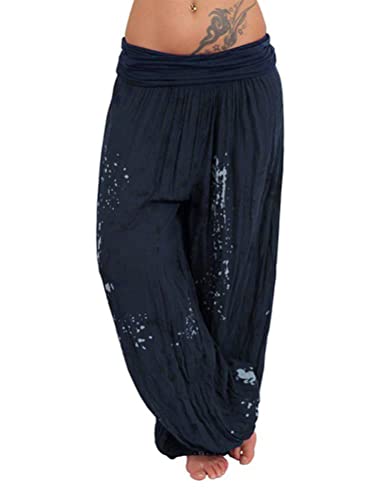 shownicer Haremshosen Damen Kurz Pumphose Hippie Pluderhose Lässige Stoffhose Weite Aladinhose Atmungsaktive Freizeithose Yogahose Strandhose mit Taschen Baggy Hose Leichte Sommerhose A Dunkelblau 3XL von shownicer