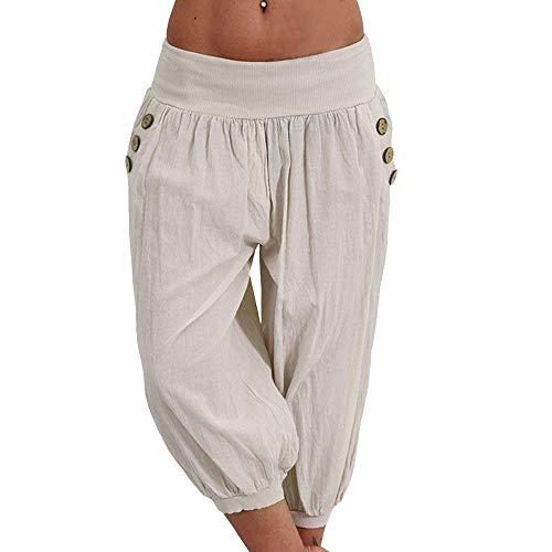 shownicer Haremshosen Damen Kurz Pumphose Hippie Pluderhose Lässige Stoffhose Weite Aladinhose Atmungsaktive Freizeithose Yogahose Strandhose mit Taschen Baggy Hose Leichte Sommerhose B Beige M von shownicer