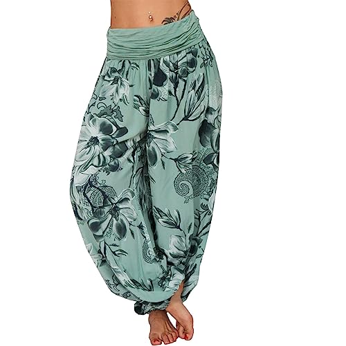 shownicer Haremshosen Damen Kurz Pumphose Hippie Pluderhose Lässige Stoffhose Weite Aladinhose Atmungsaktive Freizeithose Yogahose Strandhose mit Taschen Baggy Hose Leichte Sommerhose C Grün 3XL von shownicer