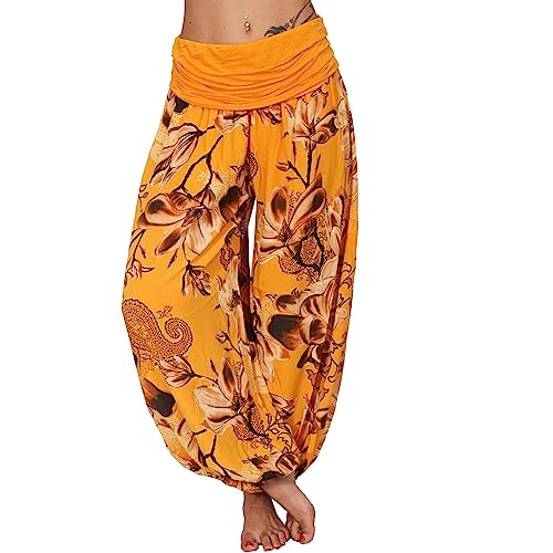 shownicer Haremshosen Damen Kurz Pumphose Hippie Pluderhose Lässige Stoffhose Weite Aladinhose Atmungsaktive Freizeithose Yogahose Strandhose mit Taschen Baggy Hose Leichte Sommerhose C Orange L von shownicer