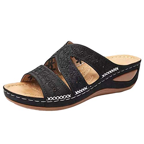 shownicer Hausschuhe Damen Sommerschuhe Pantoletten Keilabsatz Schuhe Sommer Plateau Pantoffeln Bequeme Orthopädische Sandalen Elegant Blumen Sandaletten Casual A Schwarz 39 EU von shownicer