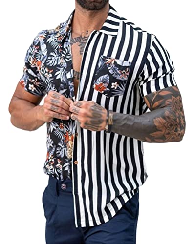 shownicer Hawaiihemd Herren Sommer Kurzarm Hawaii Hemd Bedruckter Strand Beilaufig Casual Shirts Freizeit Shirts für Männer Sommerhemd Button Down Kurzarmhemd A2 Schwarz XL von shownicer