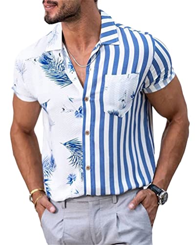 shownicer Hawaiihemd Herren Sommer Kurzarm Hawaii Hemd Bedruckter Strand Beilaufig Casual Shirts Freizeit Shirts für Männer Sommerhemd Button Down Kurzarmhemd A3 Blau L von shownicer