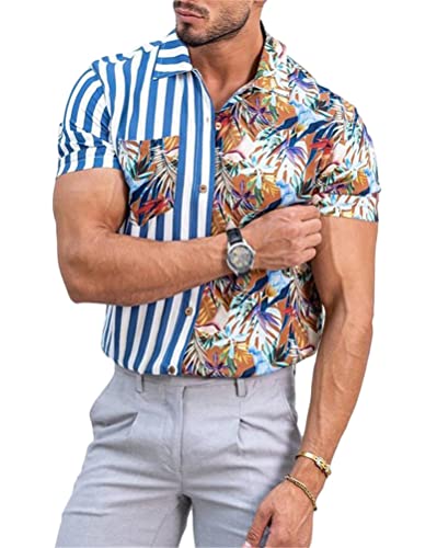 shownicer Hawaiihemd Herren Sommer Kurzarm Hawaii Hemd Bedruckter Strand Beilaufig Casual Shirts Freizeit Shirts für Männer Sommerhemd Button Down Kurzarmhemd A4 Blau XL von shownicer