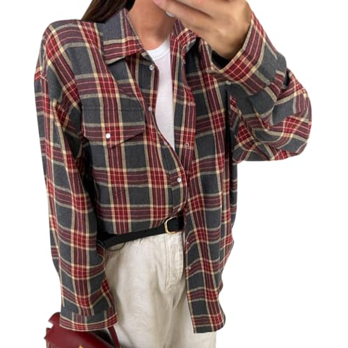 shownicer Hemd Damen Kariertes mit Knopfleiste Langarm Dickes Hemden Lässiges Hemdbluse Bluse Karo Tunika Oberteile B Rot S von shownicer
