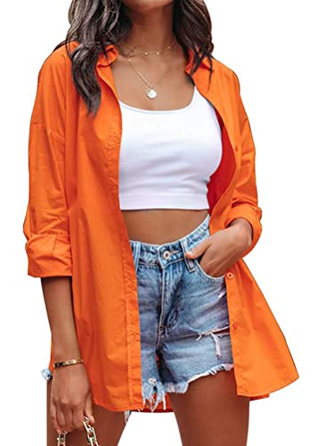 shownicer Hemd Damen Knopfleiste Langarm Bluse Lose Long Blusenshirt Casual Revers Kragen Langarmshirt Mantel Boyfriend Hemdbluse Oberteile Tops A Orange L von shownicer