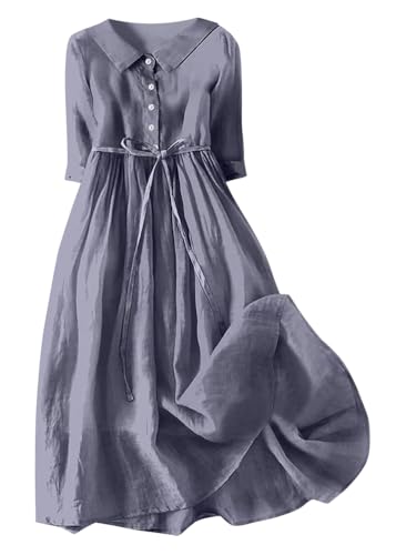 shownicer Hemdblusenkleid Damen Hemdkleid mit 1/2 Ärmeln Retro Blusenkleid Lockerer Baumwolle Leinen Sommerkleid Knielang Plissierten Damenkleider Elegant Strandkleider A Dunkelgrau XL von shownicer