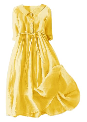 shownicer Hemdblusenkleid Damen Hemdkleid mit 1/2 Ärmeln Retro Blusenkleid Lockerer Baumwolle Leinen Sommerkleid Knielang Plissierten Damenkleider Elegant Strandkleider A Gelb L von shownicer