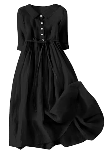 shownicer Hemdblusenkleid Damen Hemdkleid mit 1/2 Ärmeln Retro Blusenkleid Lockerer Baumwolle Leinen Sommerkleid Knielang Plissierten Damenkleider Elegant Strandkleider A Schwarz XL von shownicer