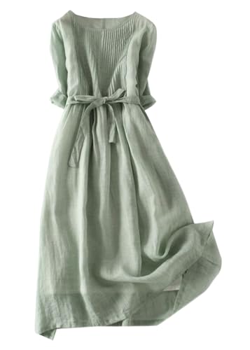shownicer Hemdblusenkleid Damen Hemdkleid mit 1/2 Ärmeln Retro Blusenkleid Lockerer Baumwolle Leinen Sommerkleid Knielang Plissierten Damenkleider Elegant Strandkleider B Grün XXL von shownicer