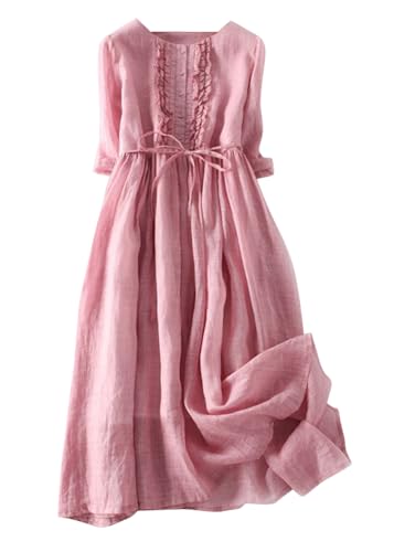 shownicer Hemdblusenkleid Damen Hemdkleid mit 1/2 Ärmeln Retro Blusenkleid Lockerer Baumwolle Leinen Sommerkleid Knielang Plissierten Damenkleider Elegant Strandkleider C Rosa 3XL von shownicer