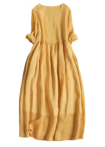shownicer Hemdblusenkleid Damen Hemdkleid mit 1/2 Ärmeln Retro Blusenkleid Lockerer Baumwolle Leinen Sommerkleid Knielang Plissierten Damenkleider Elegant Strandkleider E Gelb XL von shownicer