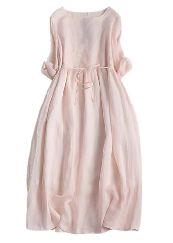 shownicer Hemdblusenkleid Damen Hemdkleid mit 1/2 Ärmeln Retro Blusenkleid Lockerer Baumwolle Leinen Sommerkleid Knielang Plissierten Damenkleider Elegant Strandkleider E Rosa S von shownicer