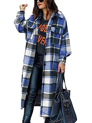 shownicer Hemdjacke Damen Kariertes Taschen Knöpfen Langarm Oversize Bluse Mantel Lange Jacke Karohemd Holzfällerjacke Mode Boyfriend Jacken Z4 Blau L von shownicer