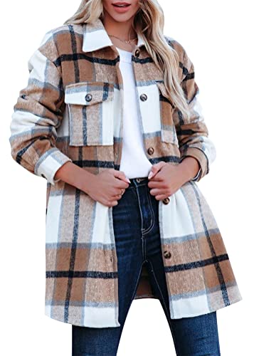 shownicer Hemdjacke Damen Kariertes Taschen Knöpfen Langarm Oversize Bluse Mantel Lange Jacke Karohemd Holzfällerjacke Mode Boyfriend Jacken Z8 Khaki M von shownicer