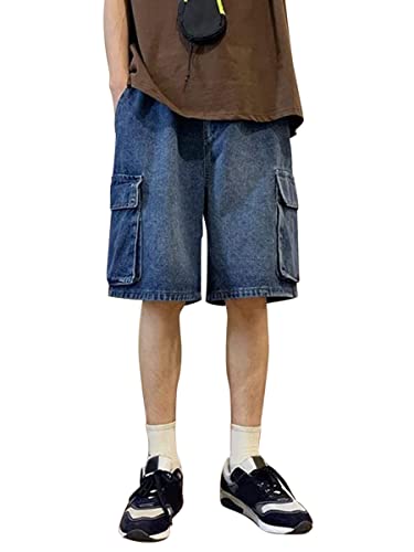 shownicer Herren Baggy Jeanshorts Hip Hop Denim Shorts Straßentanz Kurze Hosen Teenager Jungen Skateboard Hose Cargoshorts Sommer Bermuda Jeans Shorts A Blau 3XL von shownicer