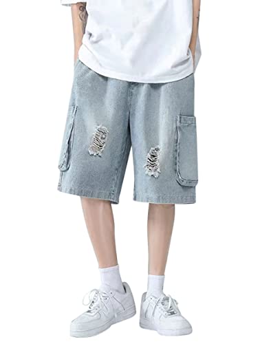 shownicer Herren Baggy Jeanshorts Hip Hop Denim Shorts Straßentanz Kurze Hosen Teenager Jungen Skateboard Hose Cargoshorts Sommer Bermuda Jeans Shorts B Blau S von shownicer