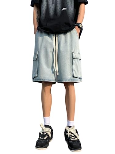 shownicer Herren Baggy Jeanshorts Hip Hop Denim Shorts Straßentanz Kurze Hosen Teenager Jungen Skateboard Hose Cargoshorts Sommer Bermuda Jeans Shorts Q Hellblau M von shownicer