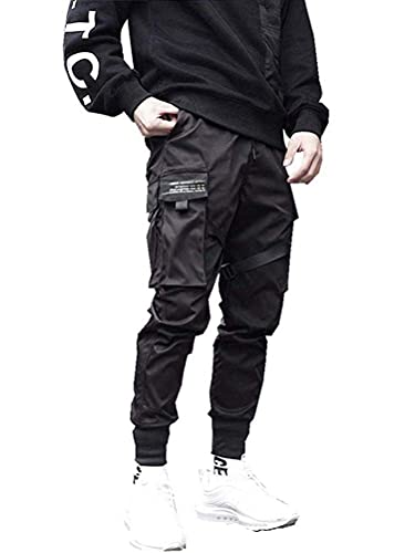 shownicer Herren Cargohose Arbeit Kampf Techwear Hose mit Taschen Schnalle Riemen Hip Hop Jogger Baggy Tapered Hosen Streetwear Sweatpants G Schwarz L von shownicer