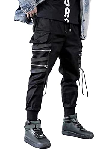 shownicer Herren Cargohose Arbeit Kampf Techwear Hose mit Taschen Schnalle Riemen Hip Hop Jogger Baggy Tapered Hosen Streetwear Sweatpants K Schwarz S von shownicer